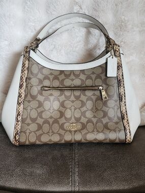 Coach Kristy Signature Canvas and White Leather  Bag with Snake-Trim
